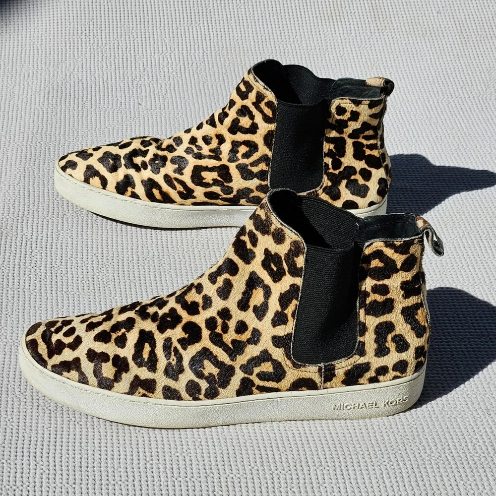 Michael Kors Womens 11M Leopard Calf Hair High Top Chelsea Sneakers CY15D Tan